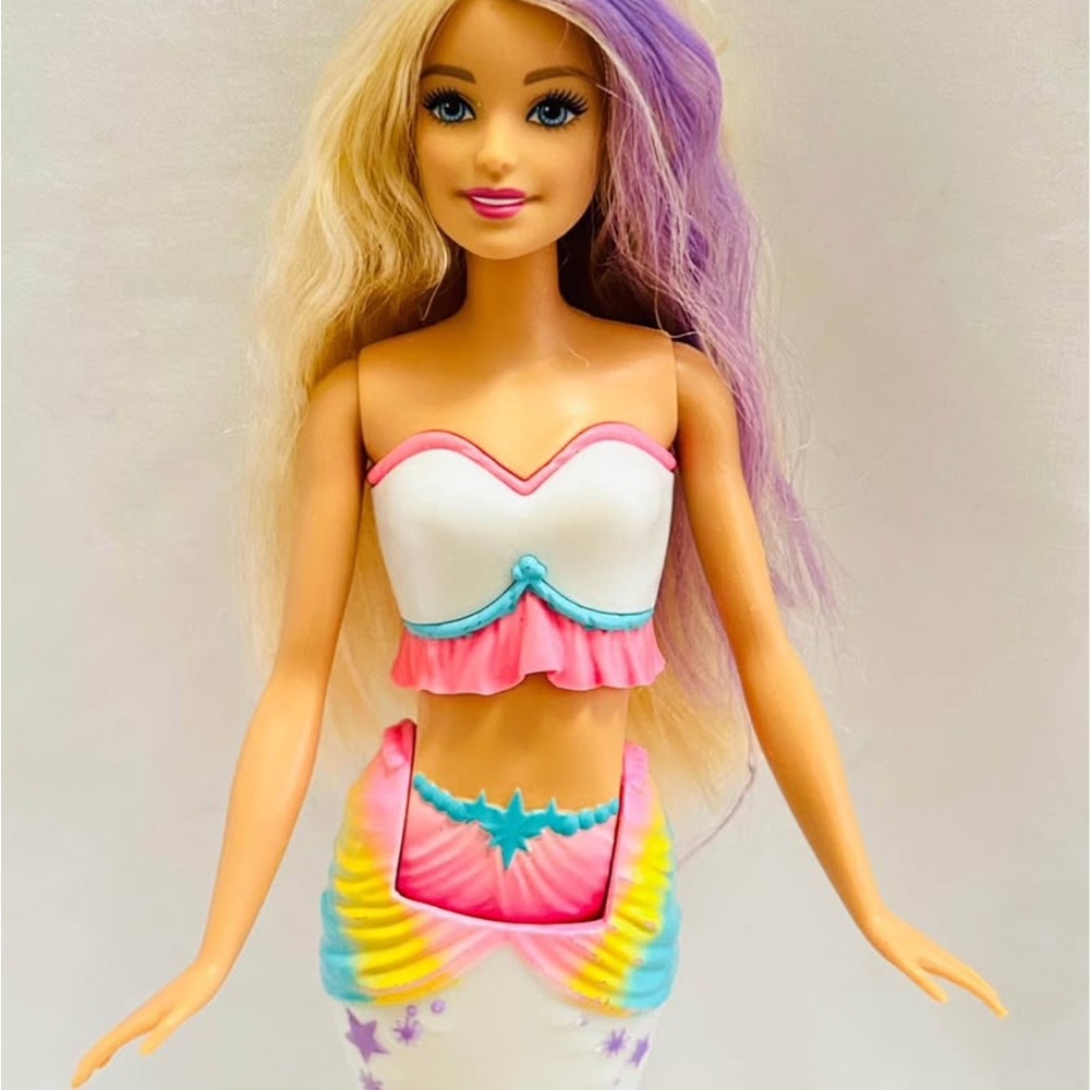 Barbie Rainbow Pink White Purple Doll with Colorful Mermaid Outfit